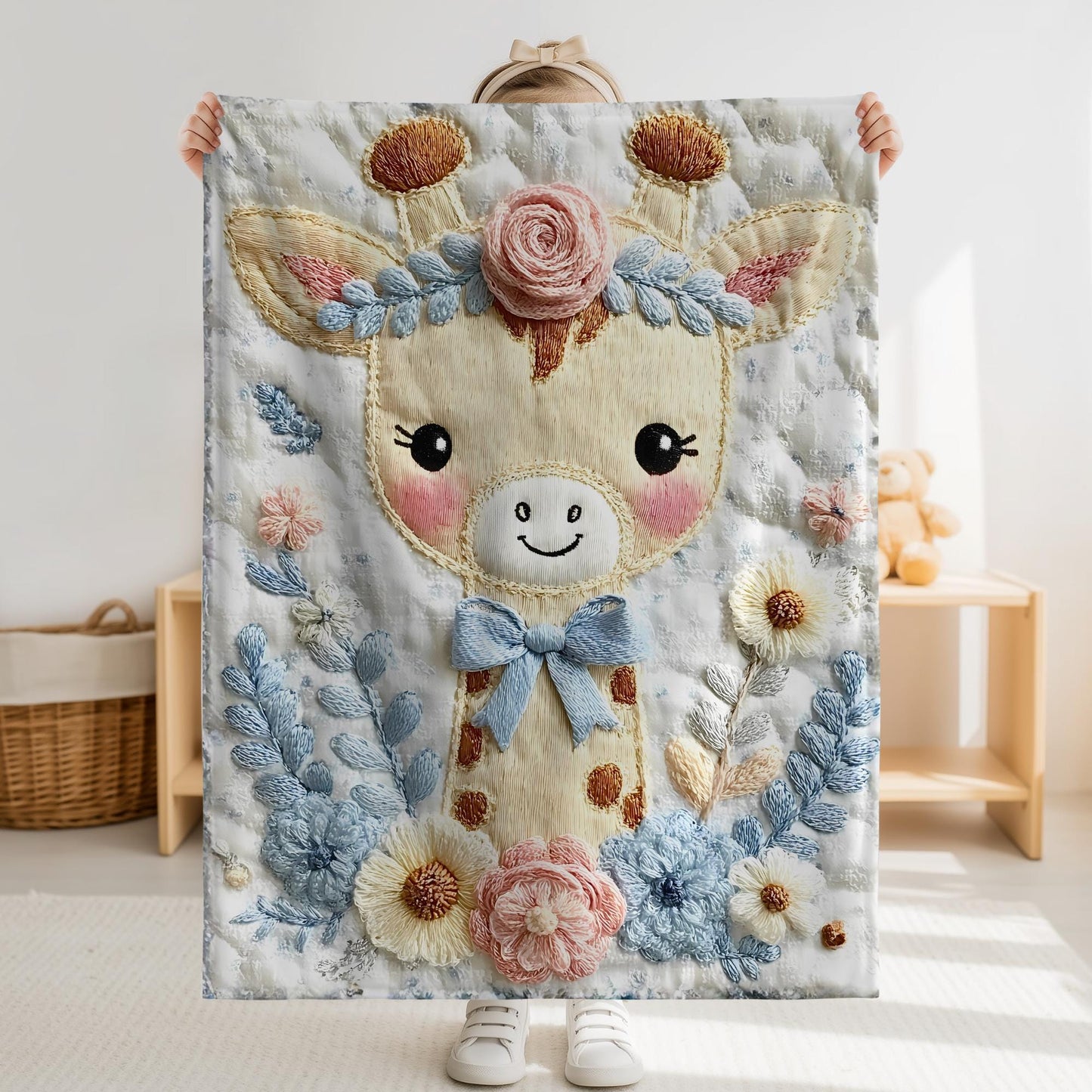 Embroidered-look giraffe blanket with floral crown and soft blue–peach details. Cozy fabric, gentle colors — a sweet newborn gift and neutral nursery decor.