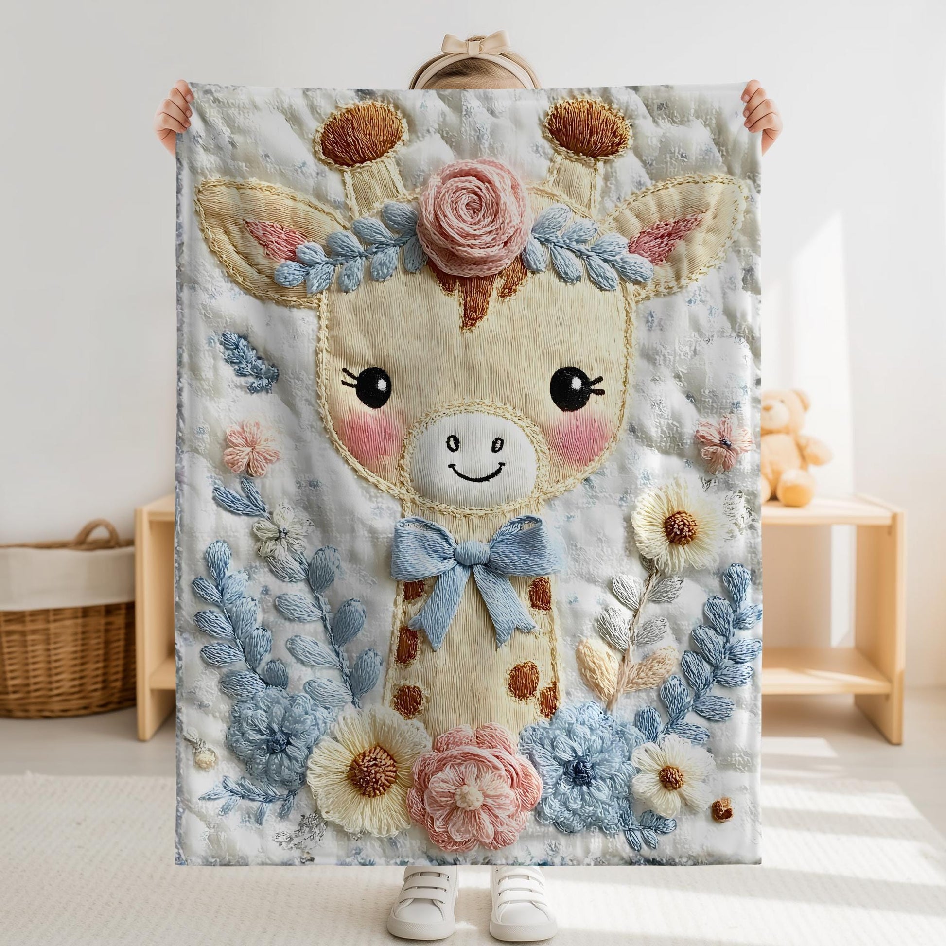 Embroidered-look giraffe blanket with floral crown and soft blue–peach details. Cozy fabric, gentle colors — a sweet newborn gift and neutral nursery decor.