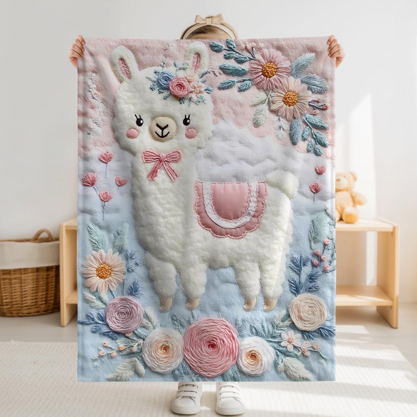 Soft embroidered-look alpaca baby blanket with pastel florals. Neutral tones, cozy fabric — a boutique newborn gift for calm, modern nursery decor.