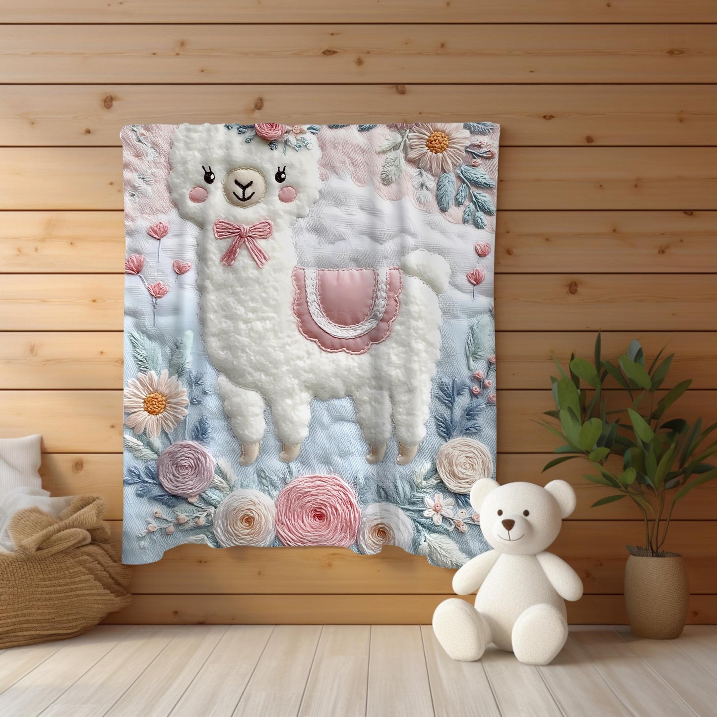 Soft embroidered-look alpaca baby blanket with pastel florals. Neutral tones, cozy fabric — a boutique newborn gift for calm, modern nursery decor.