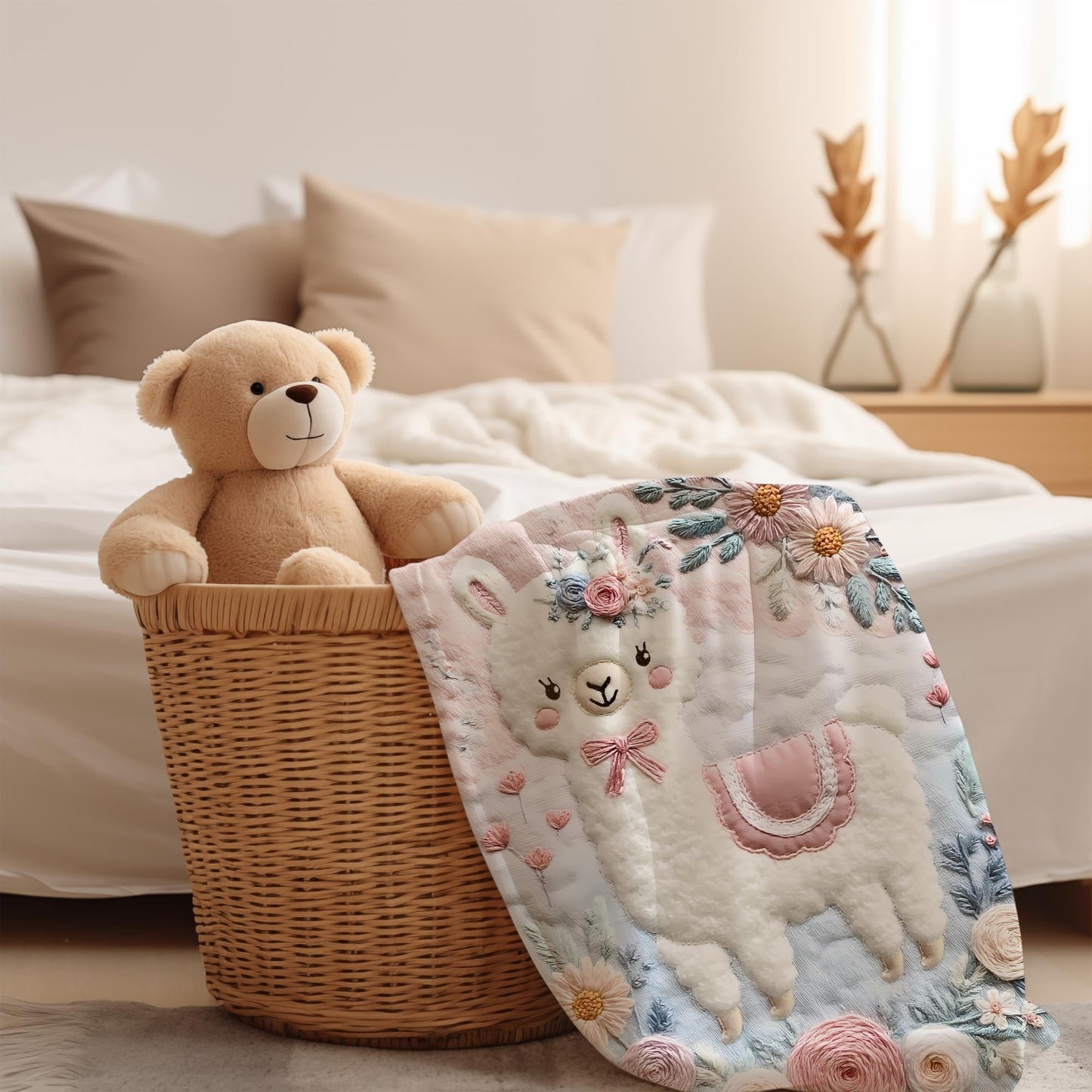 Soft embroidered-look alpaca baby blanket with pastel florals. Neutral tones, cozy fabric — a boutique newborn gift for calm, modern nursery decor.