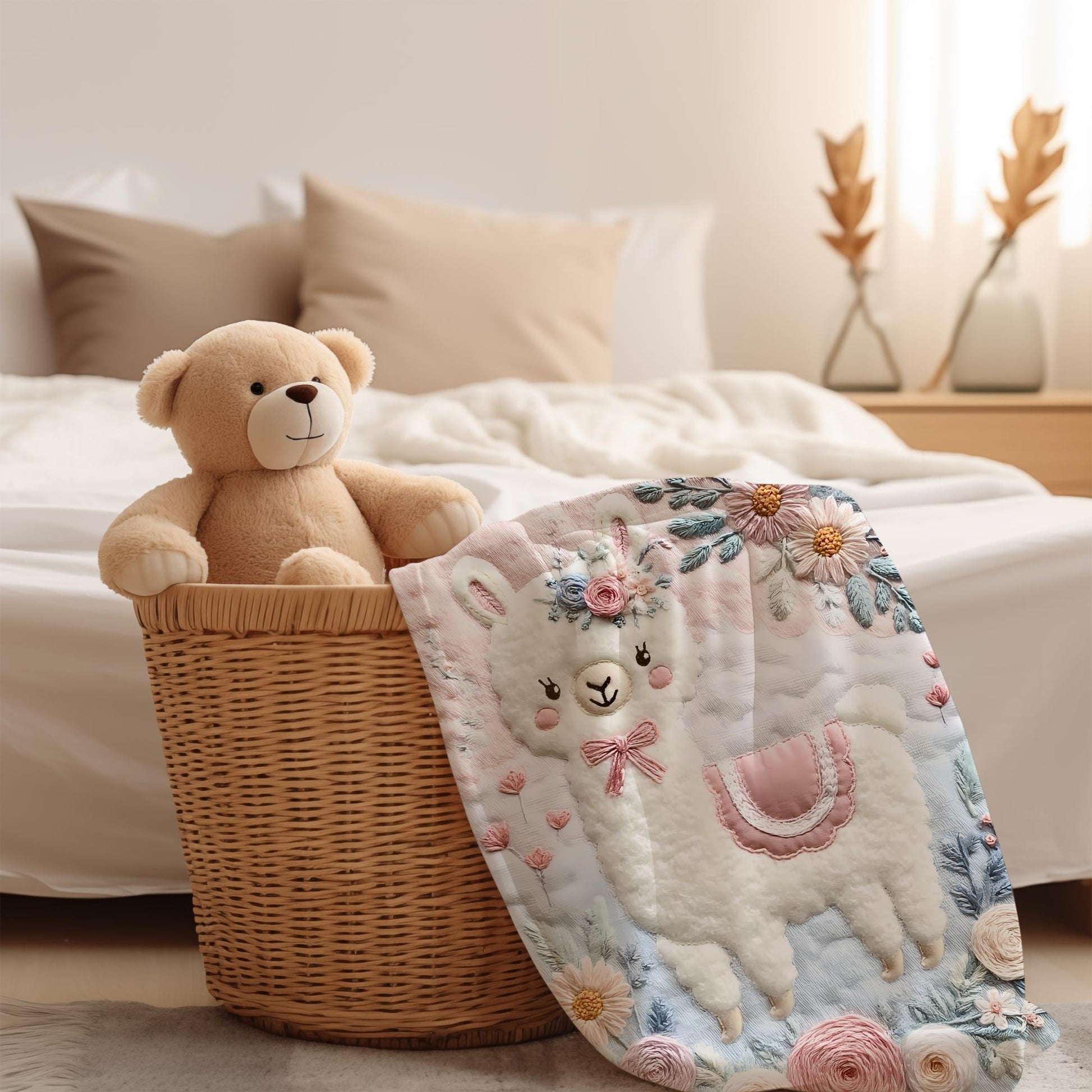Soft embroidered-look alpaca baby blanket with pastel florals. Neutral tones, cozy fabric — a boutique newborn gift for calm, modern nursery decor.