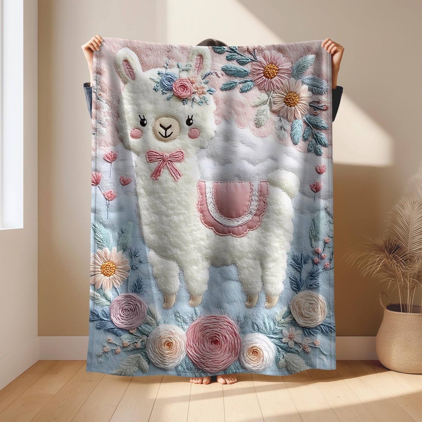 Soft embroidered-look alpaca baby blanket with pastel florals. Neutral tones, cozy fabric — a boutique newborn gift for calm, modern nursery decor.