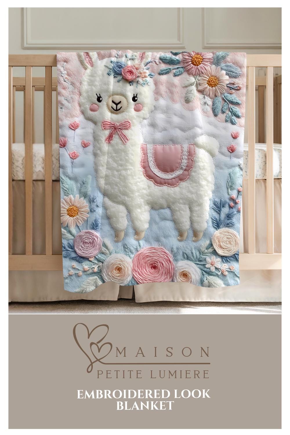 Soft embroidered-look alpaca baby blanket with pastel florals. Neutral tones, cozy fabric — a boutique newborn gift for calm, modern nursery decor.