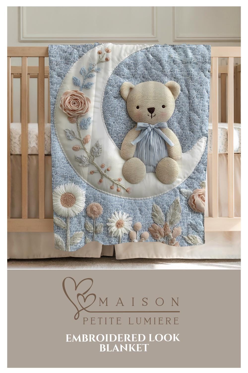 Soft embroidered-look teddy bear baby blanket with pastel florals. Neutral tones, cozy fabric — a boutique newborn gift for calm, modern nursery decor.