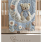 Soft embroidered-look teddy bear baby blanket with pastel florals. Neutral tones, cozy fabric — a boutique newborn gift for calm, modern nursery decor.