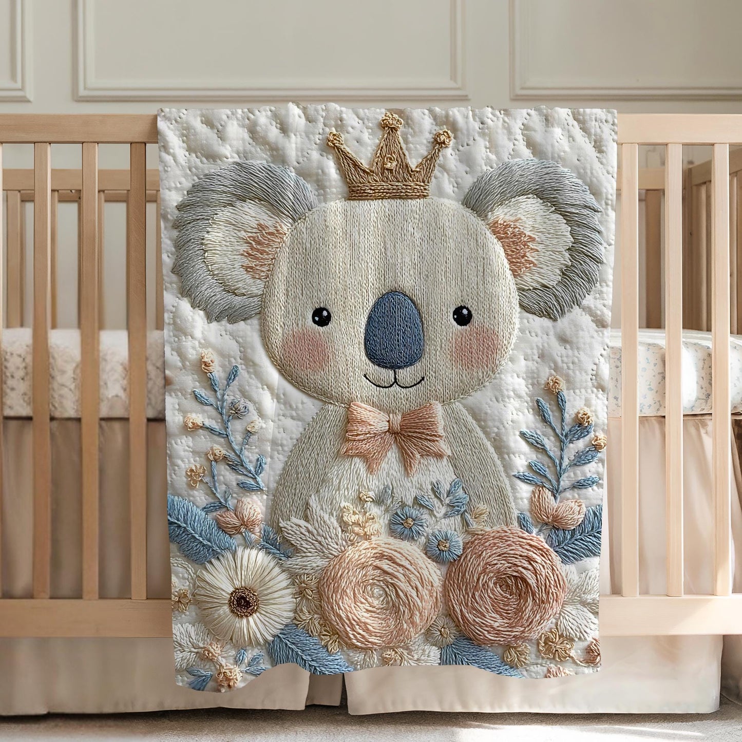 Koala bear baby blanket with embroidered-look floral design in gentle neutral tones. A cozy newborn blanket and timeless baby gift for girls