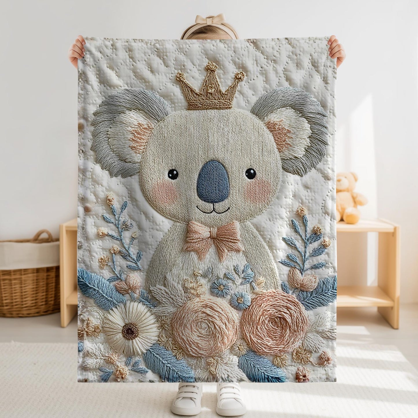 Koala bear baby blanket with embroidered-look floral design in gentle neutral tones. A cozy newborn blanket and timeless baby gift for girls