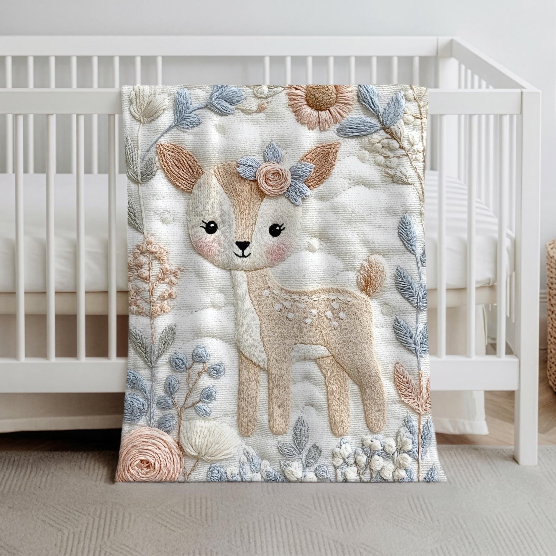 Deer Baby blanket with embroidered-look details in soft neutral colors. A cozy newborn blanket and timeless boutique baby gift.