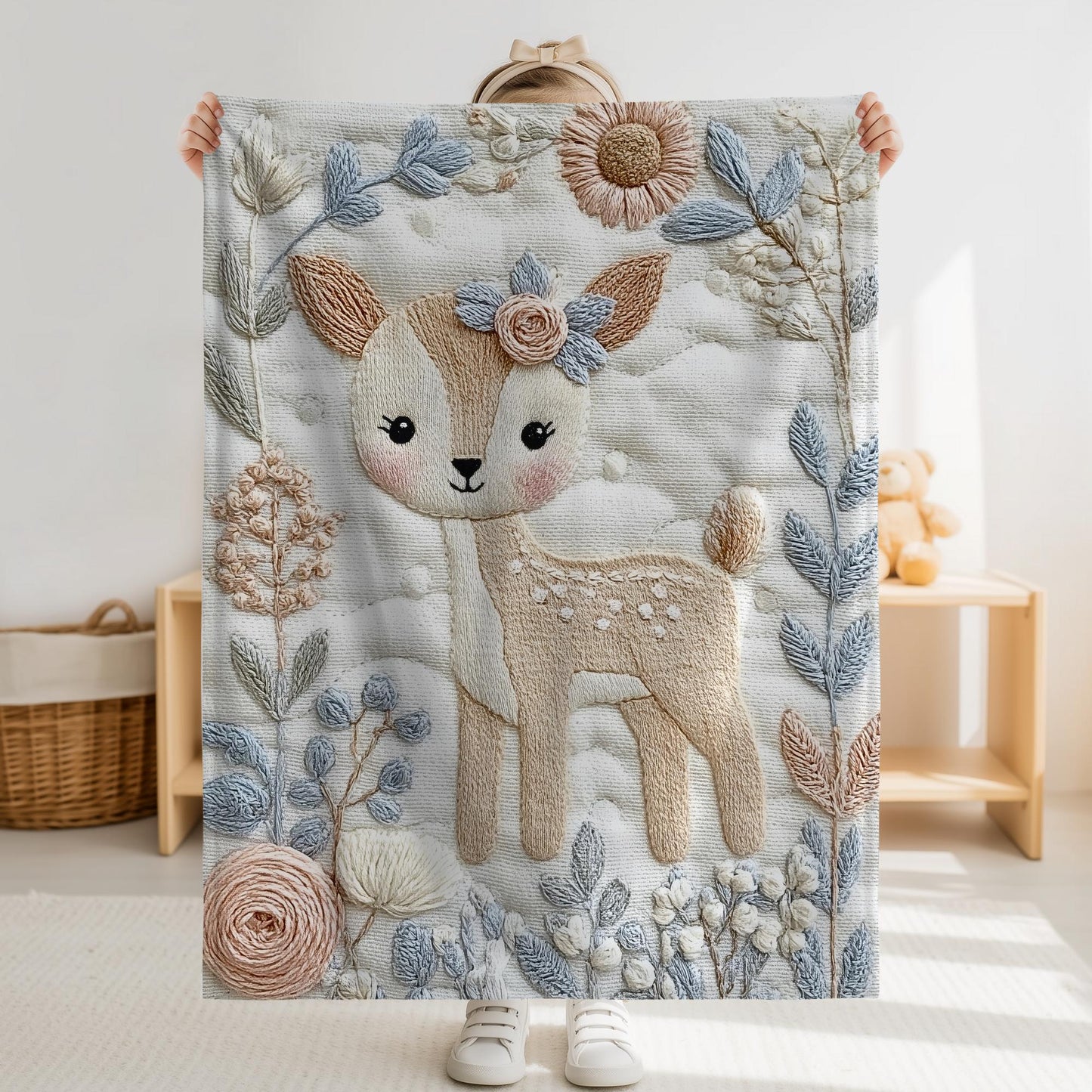 Deer Baby blanket with embroidered-look details in soft neutral colors. A cozy newborn blanket and timeless boutique baby gift.