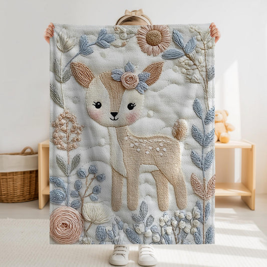 Deer Baby blanket with embroidered-look details in soft neutral colors. A cozy newborn blanket and timeless boutique baby gift.