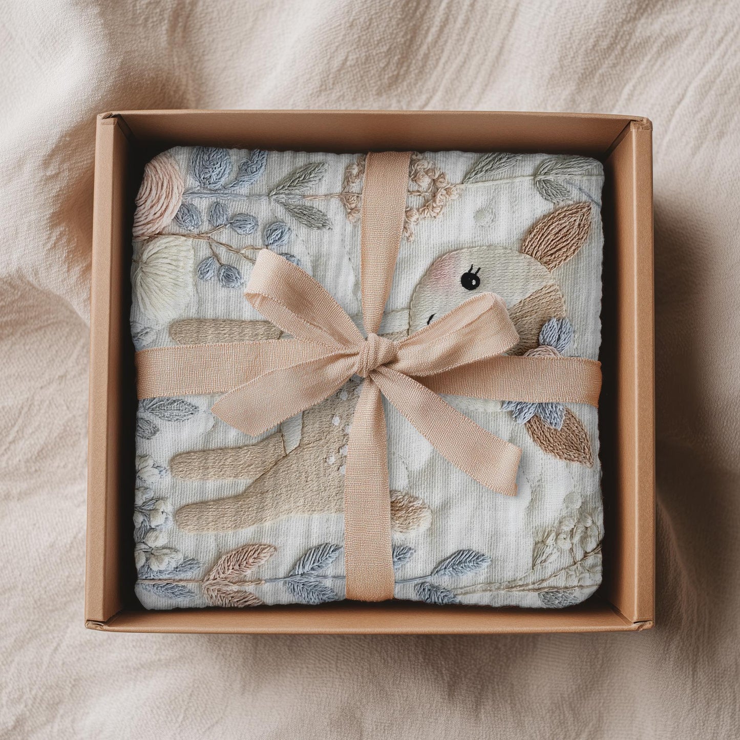 Deer Baby blanket with embroidered-look details in soft neutral colors. A cozy newborn blanket and timeless boutique baby gift.
