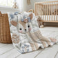 Deer Baby blanket with embroidered-look details in soft neutral colors. A cozy newborn blanket and timeless boutique baby gift.