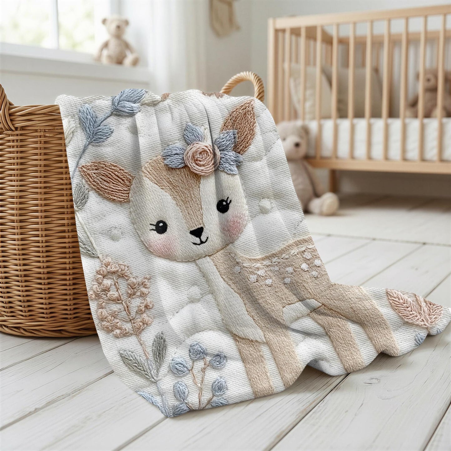Deer Baby blanket with embroidered-look details in soft neutral colors. A cozy newborn blanket and timeless boutique baby gift.