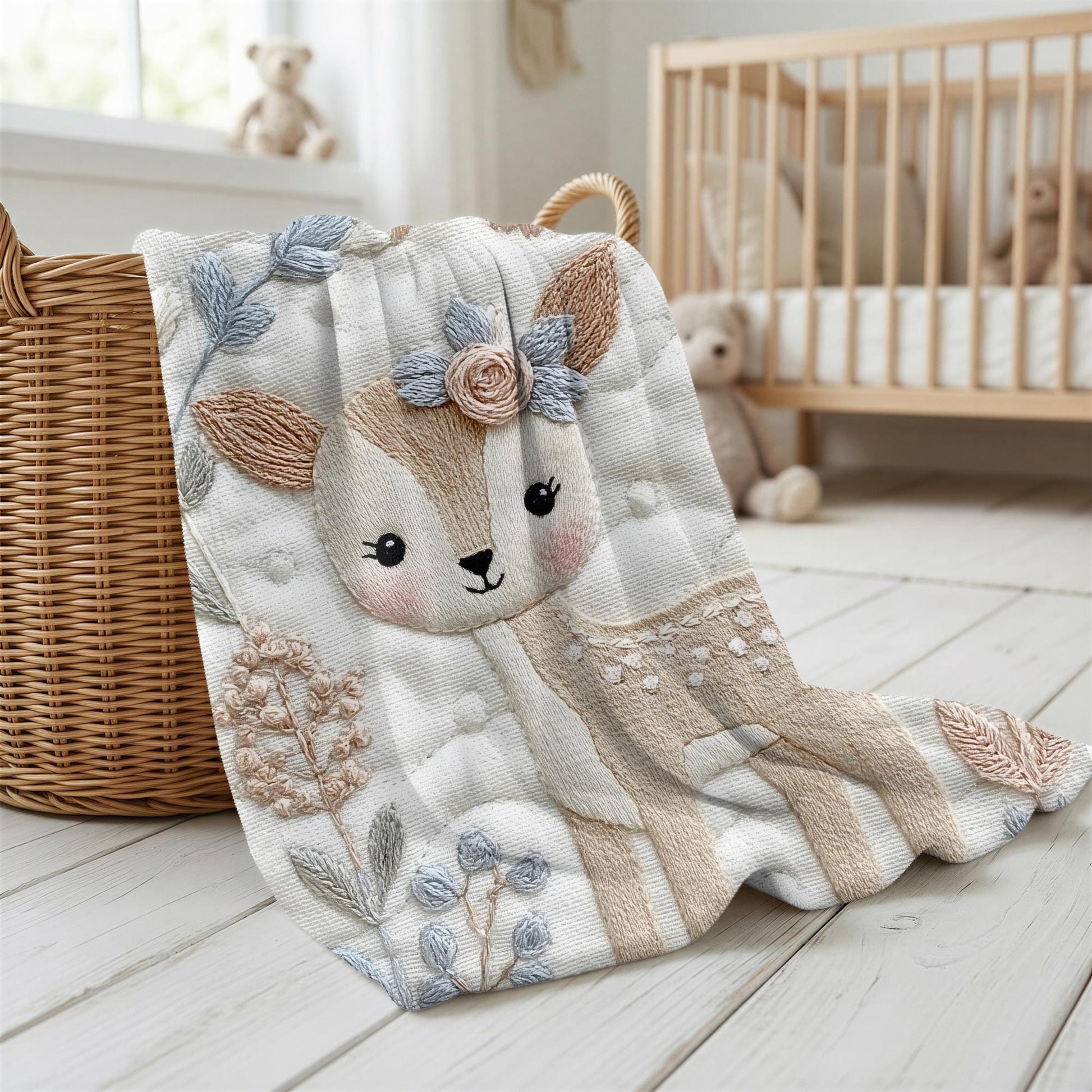 Deer Baby blanket with embroidered-look details in soft neutral colors. A cozy newborn blanket and timeless boutique baby gift.