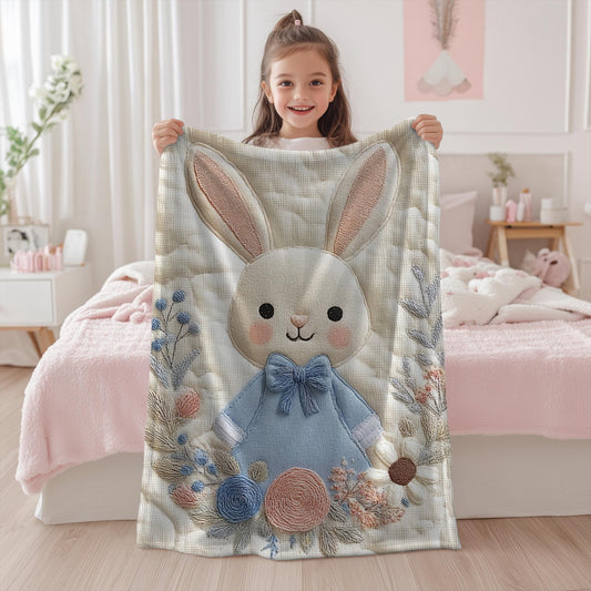 Bunny Baby blanket with embroidered-look details in soft neutral colors. A cozy newborn blanket and timeless boutique baby gift.
