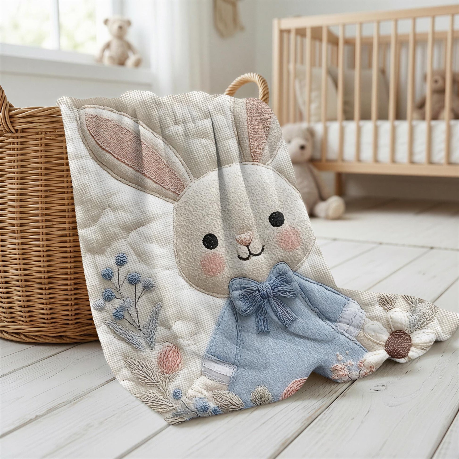 Bunny Baby blanket with embroidered-look details in soft neutral colors. A cozy newborn blanket and timeless boutique baby gift.