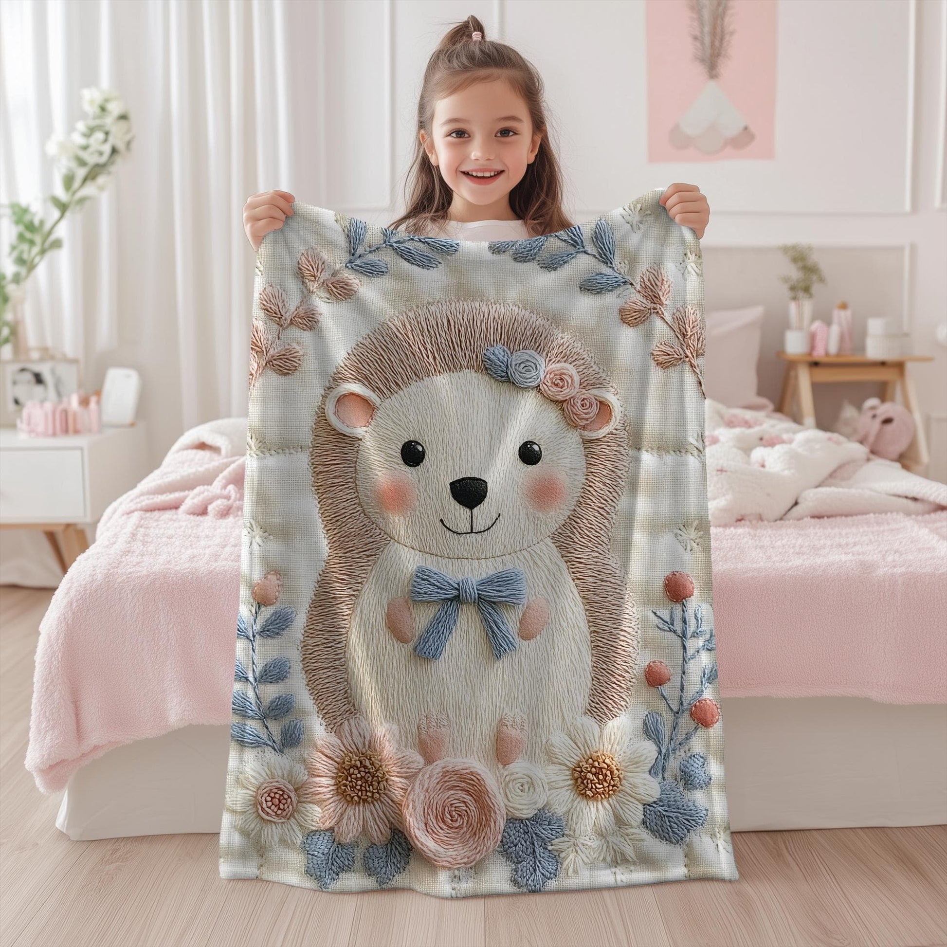 Hedgehog blanket with embroidered-look details in soft neutral colors. A cozy newborn blanket and timeless boutique baby gift.