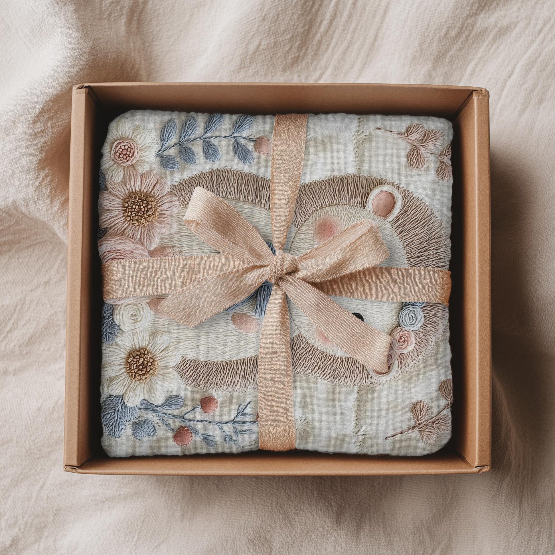 Hedgehog blanket with embroidered-look details in soft neutral colors. A cozy newborn blanket and timeless boutique baby gift.