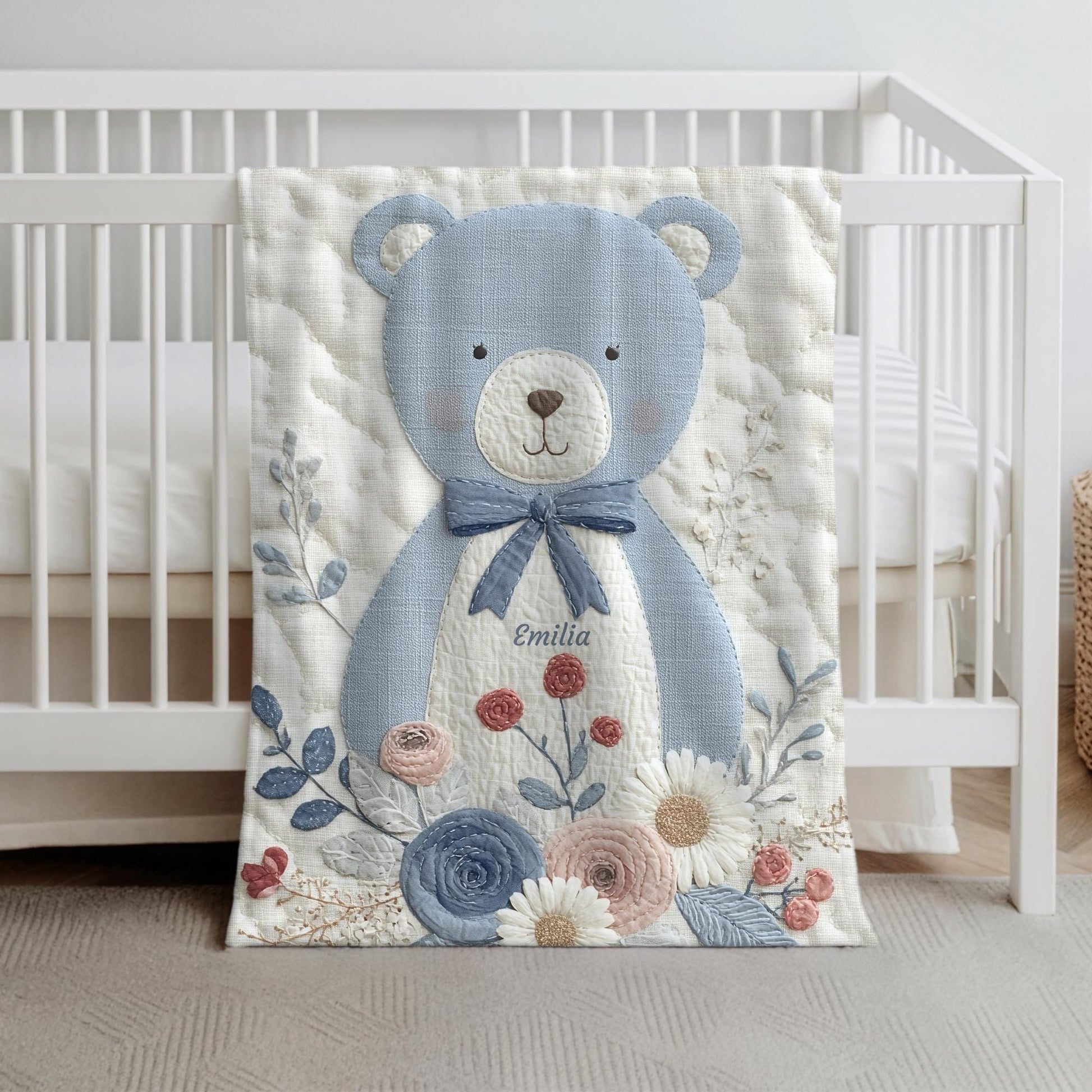 Personalized blue bear blanket with embroidered-look details in soft neutral colors. A cozy newborn blanket and timeless boutique baby gift.