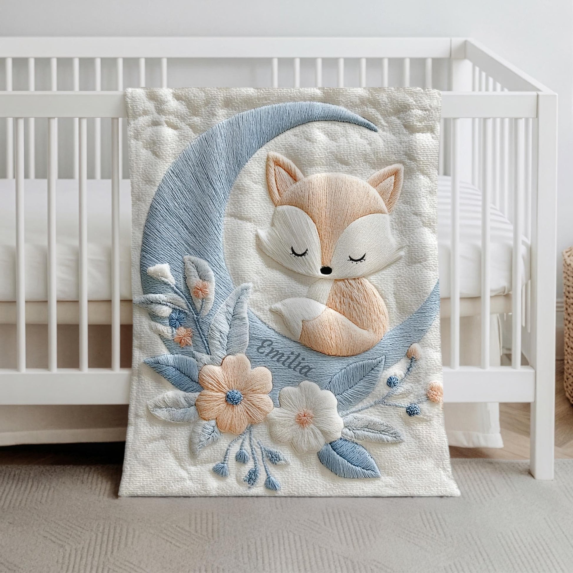 Personalized fox baby blanket with name - embroidered-look details in soft neutral colors. A cozy newborn blanket and timeless boutique baby gift.