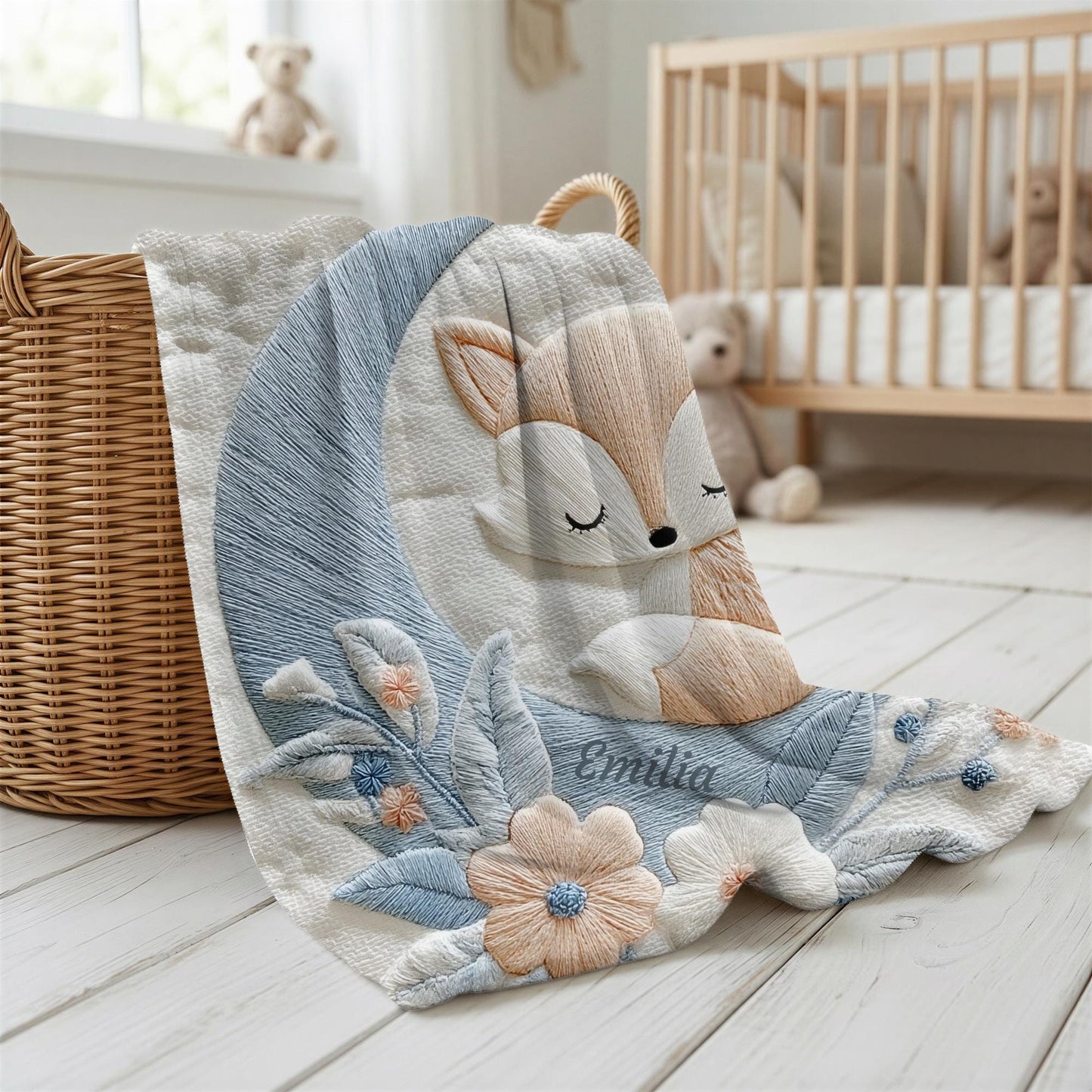Personalized fox baby blanket with name - embroidered-look details in soft neutral colors. A cozy newborn blanket and timeless boutique baby gift.