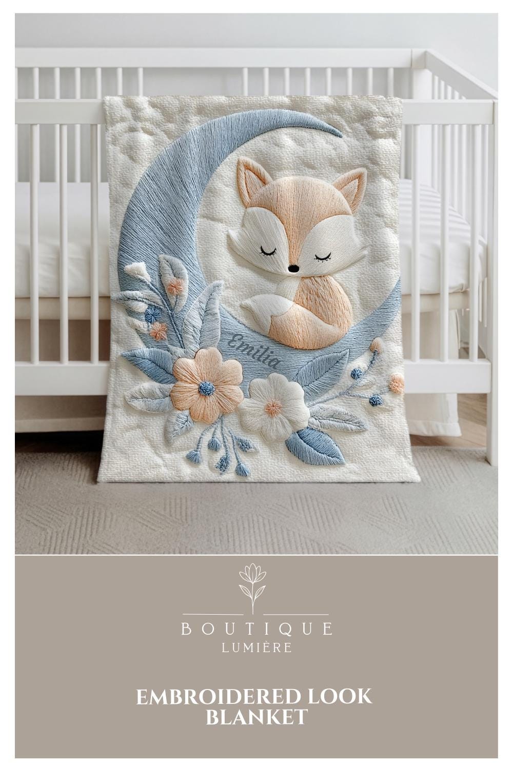 Personalized fox baby blanket with name - embroidered-look details in soft neutral colors. A cozy newborn blanket and timeless boutique baby gift.