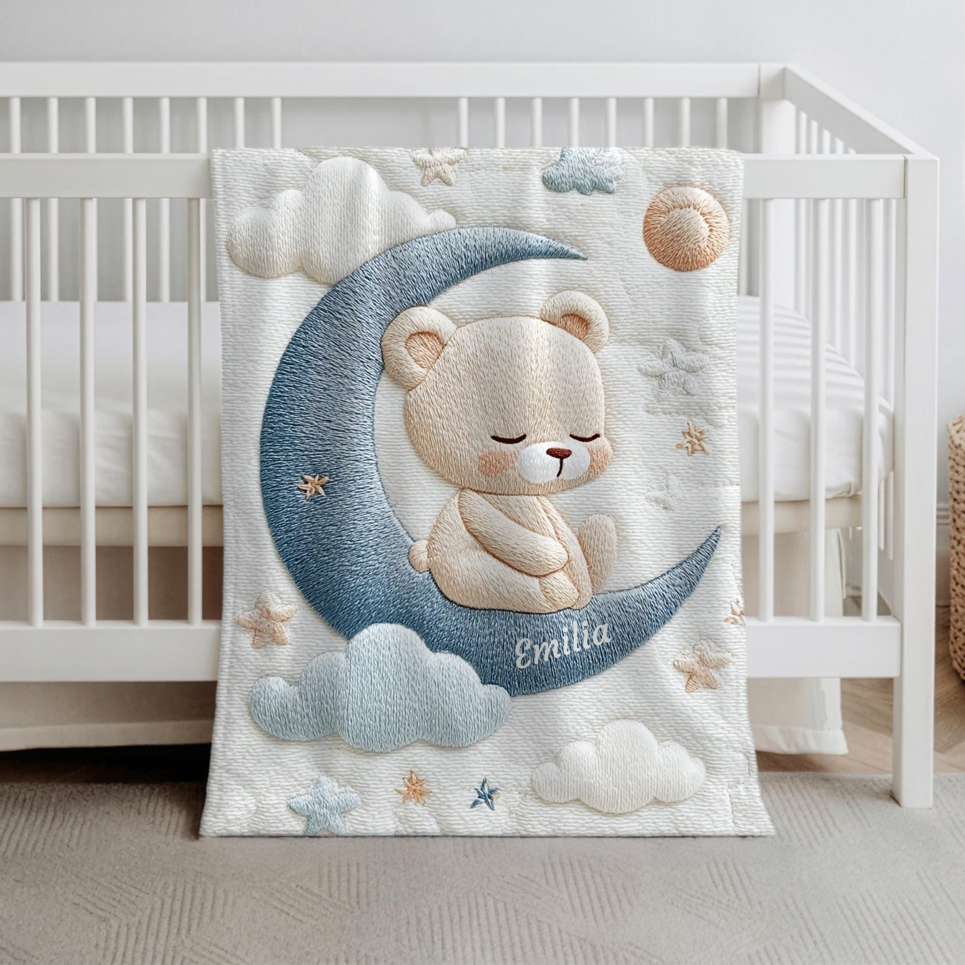 Personalized Bear baby blanket with name - embroidered look details in soft neutral colors. A cozy newborn blanket and timeless boutique baby gift.