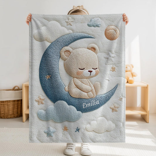 Personalized Bear baby blanket with name - embroidered look details in soft neutral colors. A cozy newborn blanket and timeless boutique baby gift.
