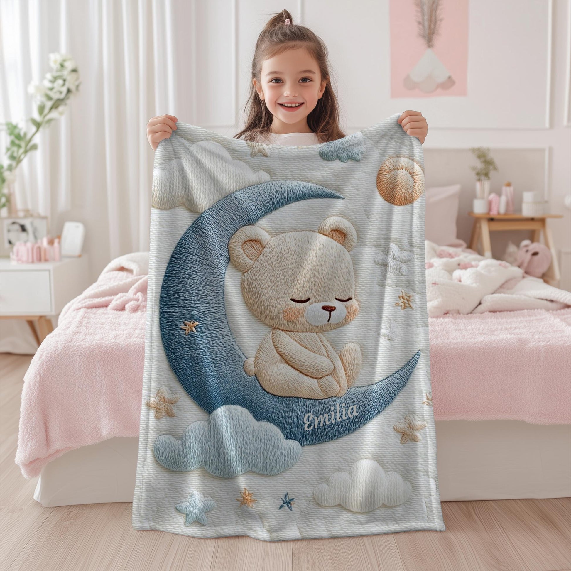 Personalized Bear baby blanket with name - embroidered look details in soft neutral colors. A cozy newborn blanket and timeless boutique baby gift.