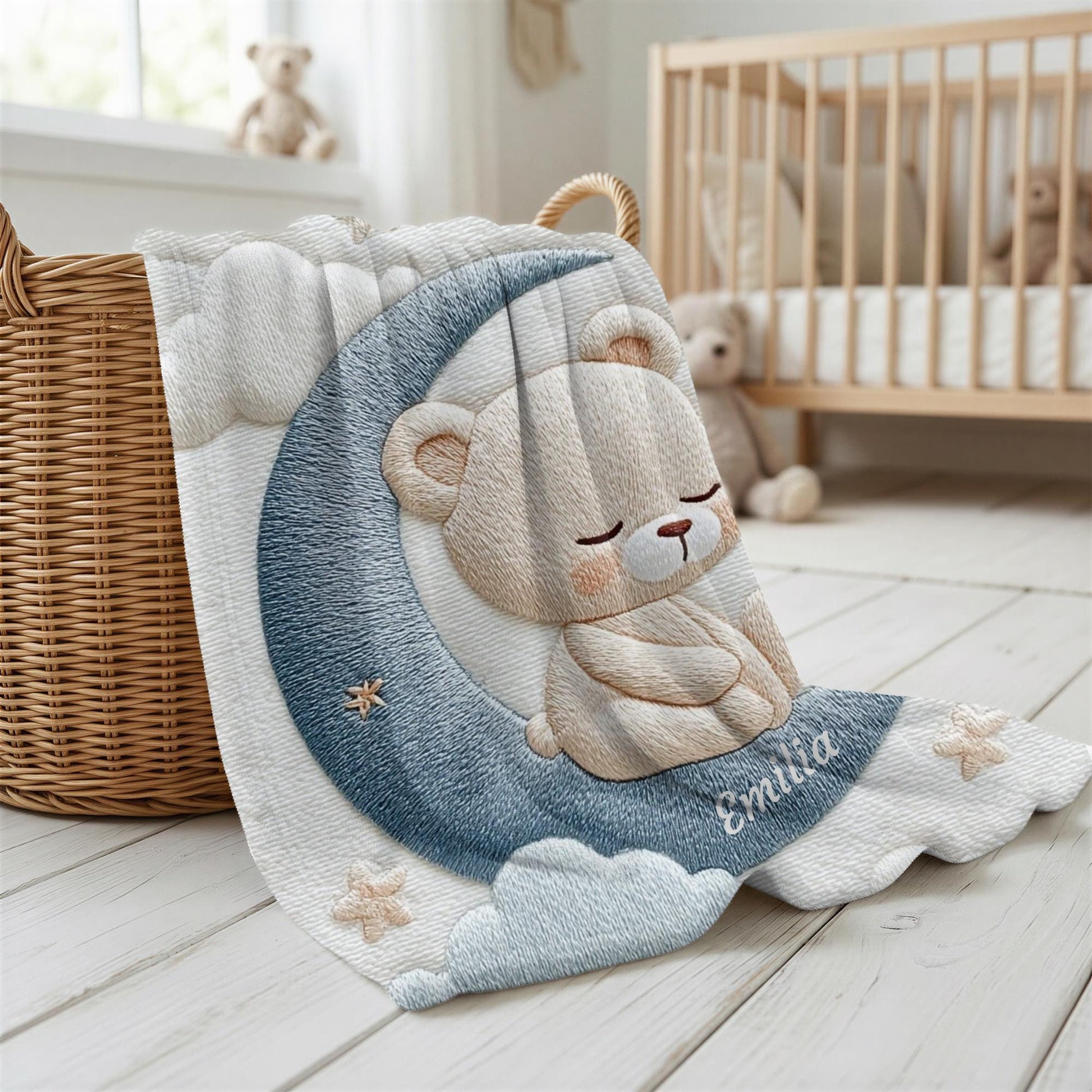 Personalized Bear baby blanket with name - embroidered look details in soft neutral colors. A cozy newborn blanket and timeless boutique baby gift.