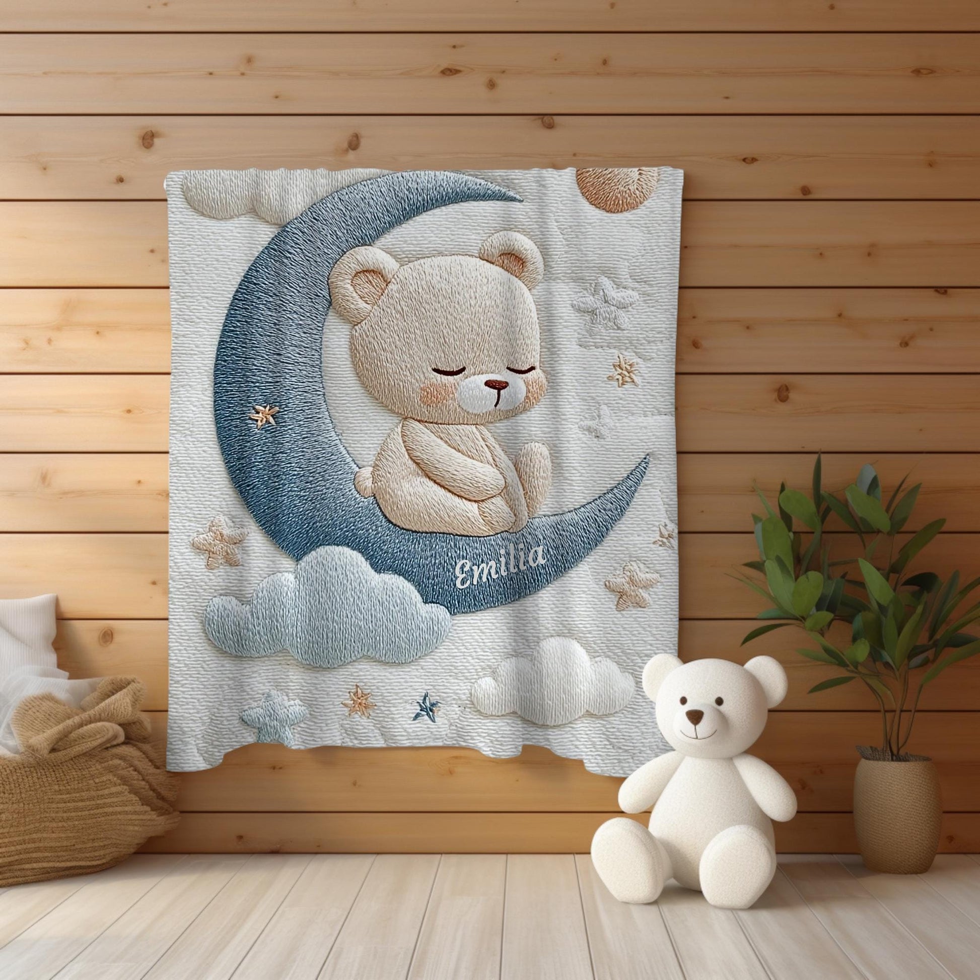 Personalized Bear baby blanket with name - embroidered look details in soft neutral colors. A cozy newborn blanket and timeless boutique baby gift.