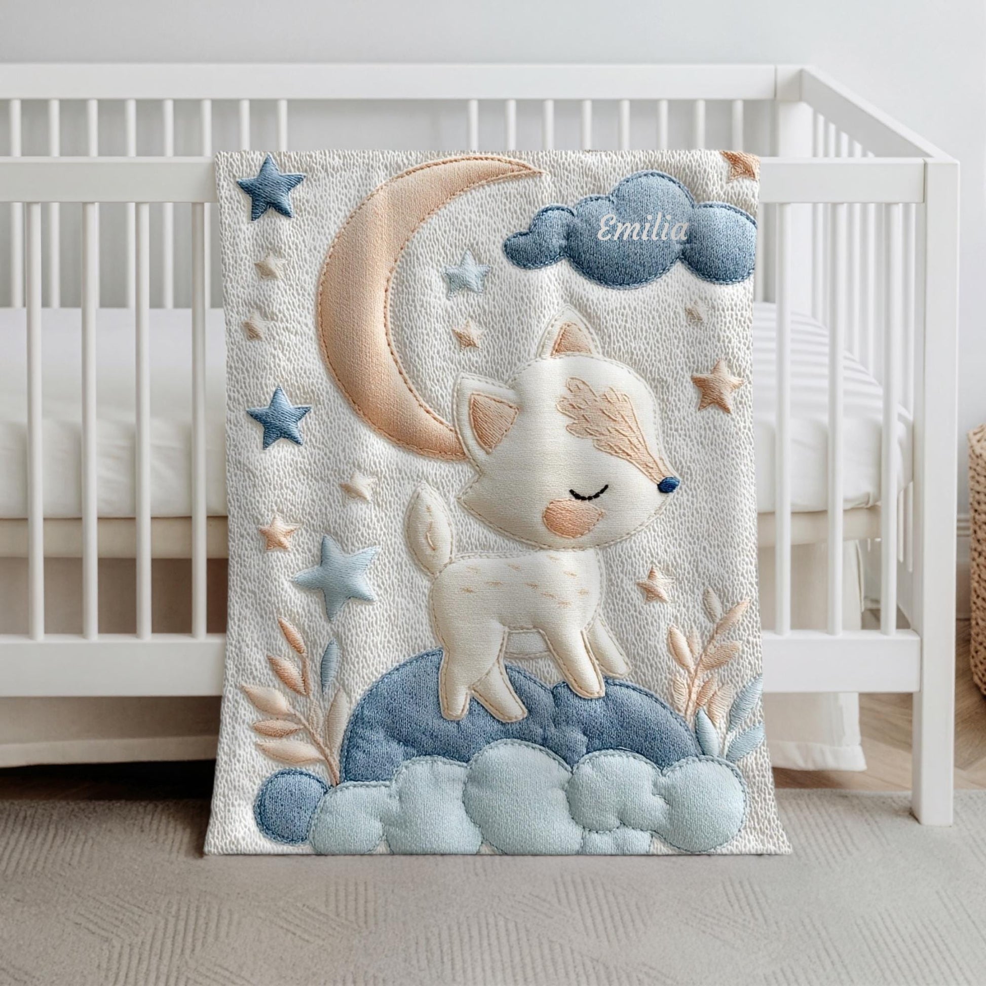 Personalized fox woodland baby blanket with name - embroidered look details in soft neutral colors. A cozy newborn blanket and timeless boutique baby gift.