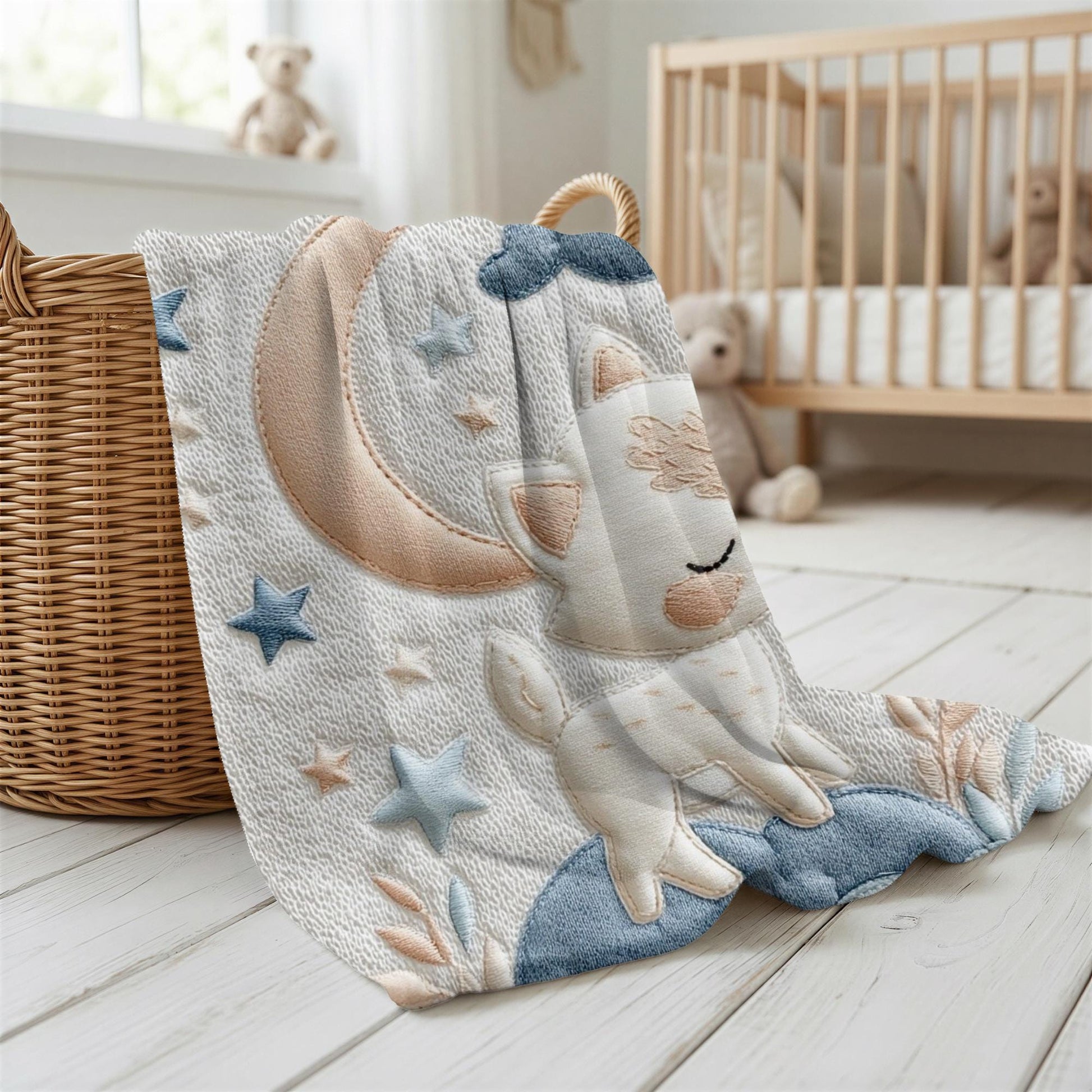 Personalized fox woodland baby blanket with name - embroidered look details in soft neutral colors. A cozy newborn blanket and timeless boutique baby gift.