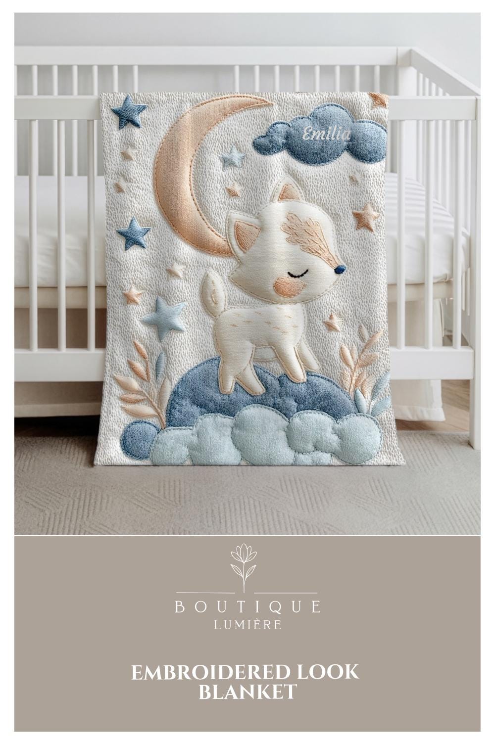 Personalized fox woodland baby blanket with name - embroidered look details in soft neutral colors. A cozy newborn blanket and timeless boutique baby gift.
