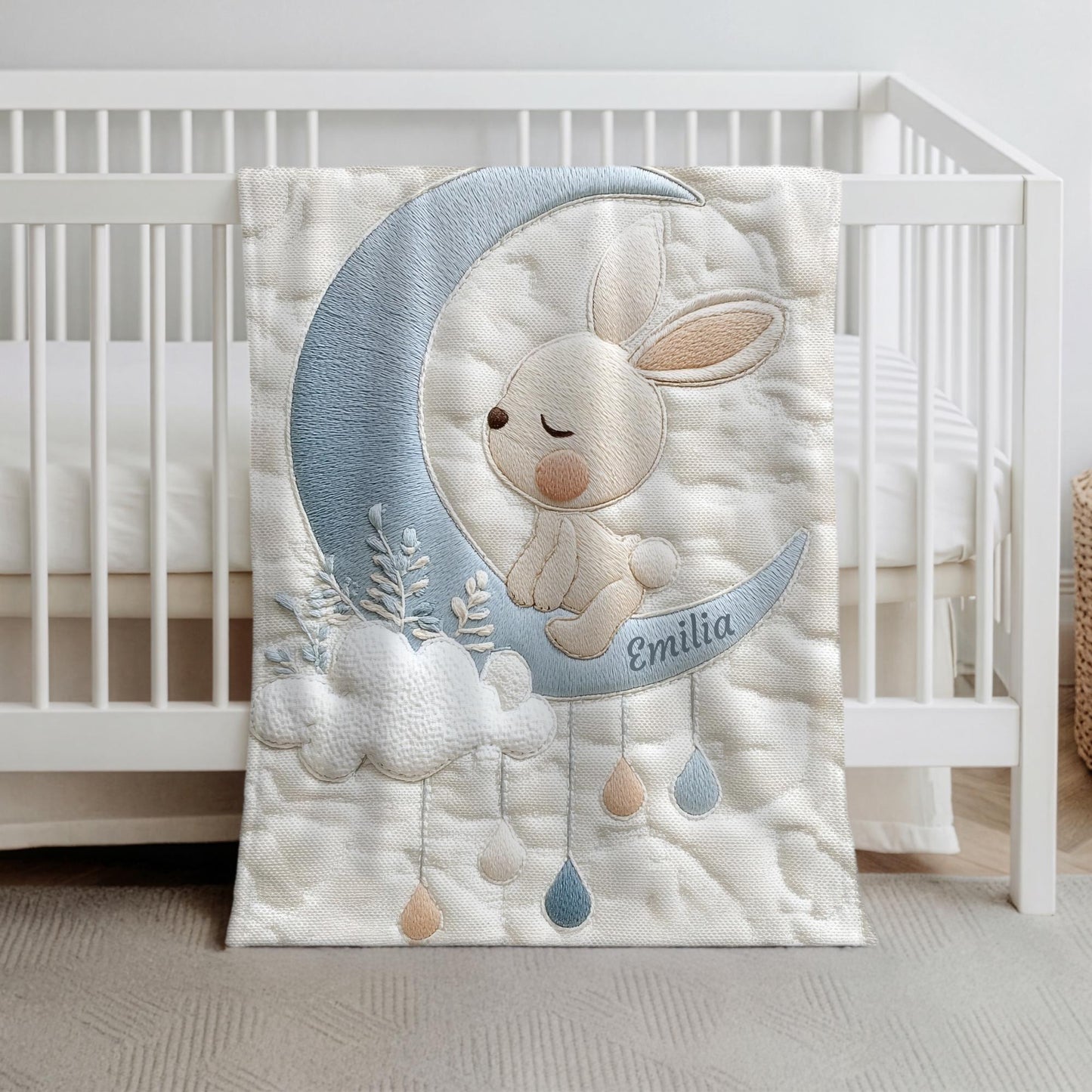 This personalized bunny woodland baby blanket features a timeless embroidered-look design that feels soft, calm, and beautifully refined. Made to be both cozy and meaningful, it’s a keepsake blanket parents will treasure.