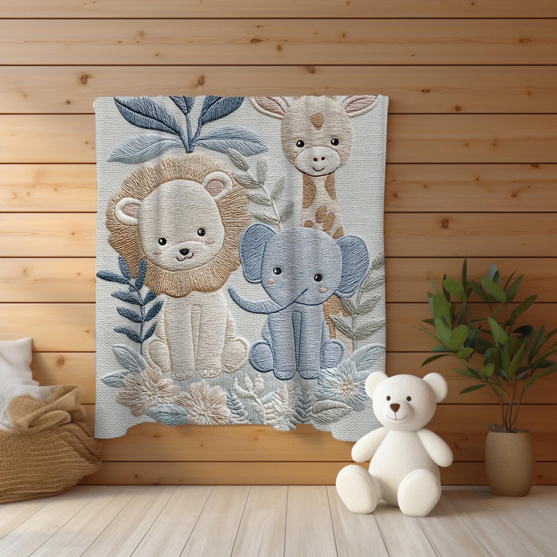 Personalized Safari baby blanket with name - embroidered look details in soft neutral colors. A cozy newborn blanket and timeless boutique baby gift.