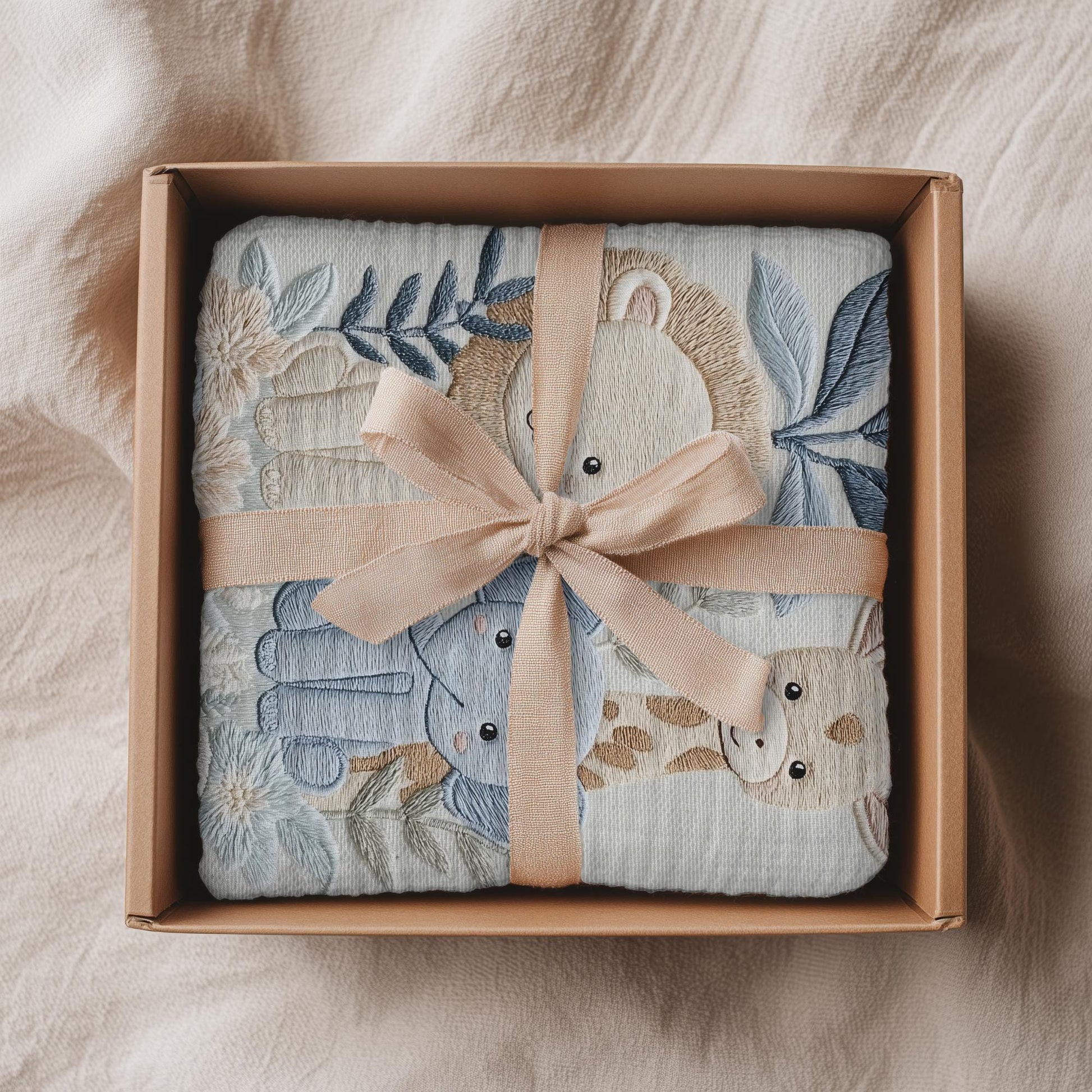 Personalized Safari baby blanket with name - embroidered look details in soft neutral colors. A cozy newborn blanket and timeless boutique baby gift.