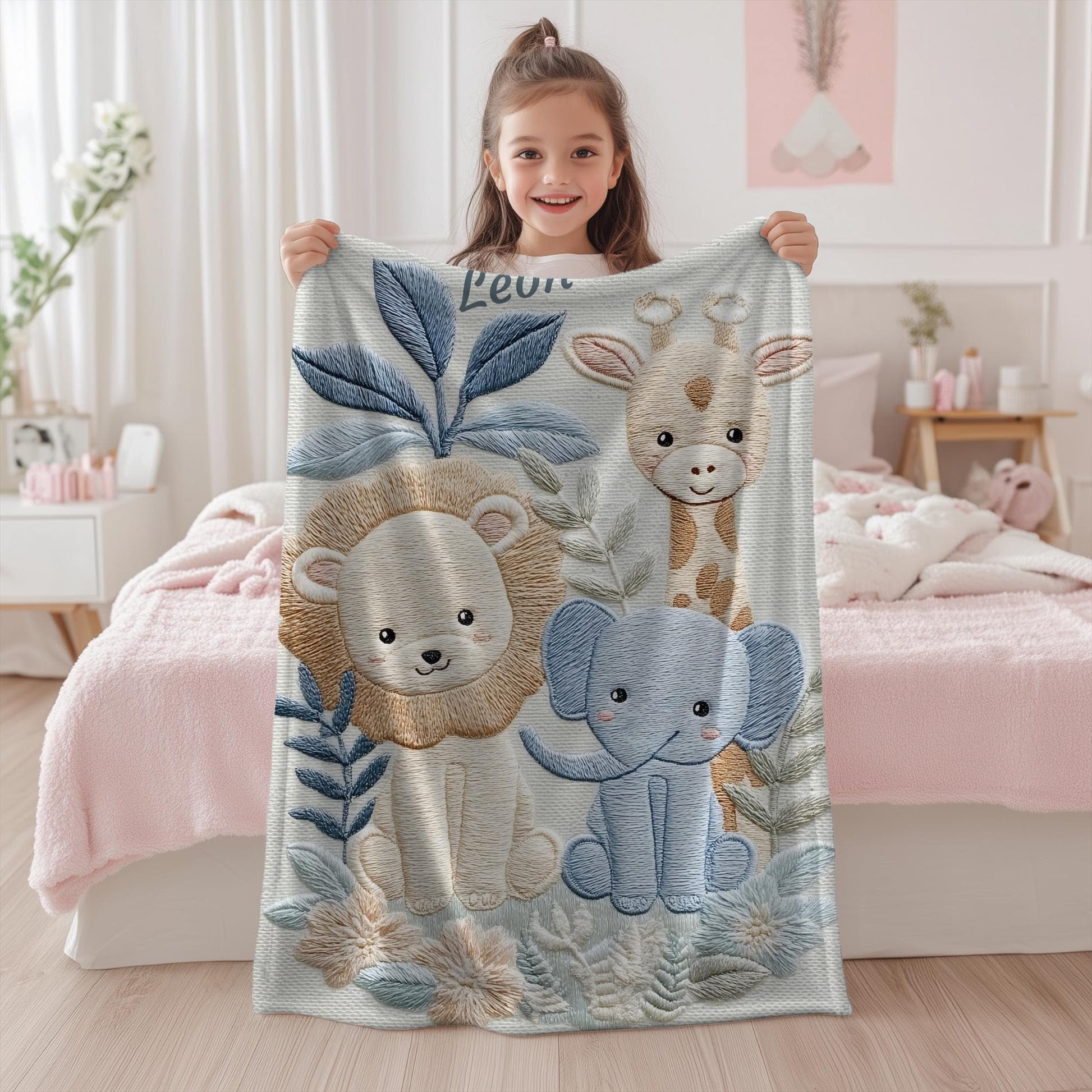 Personalized Safari baby blanket with name - embroidered look details in soft neutral colors. A cozy newborn blanket and timeless boutique baby gift.