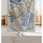 Personalized Safari baby blanket with name - embroidered look details in soft neutral colors. A cozy newborn blanket and timeless boutique baby gift.