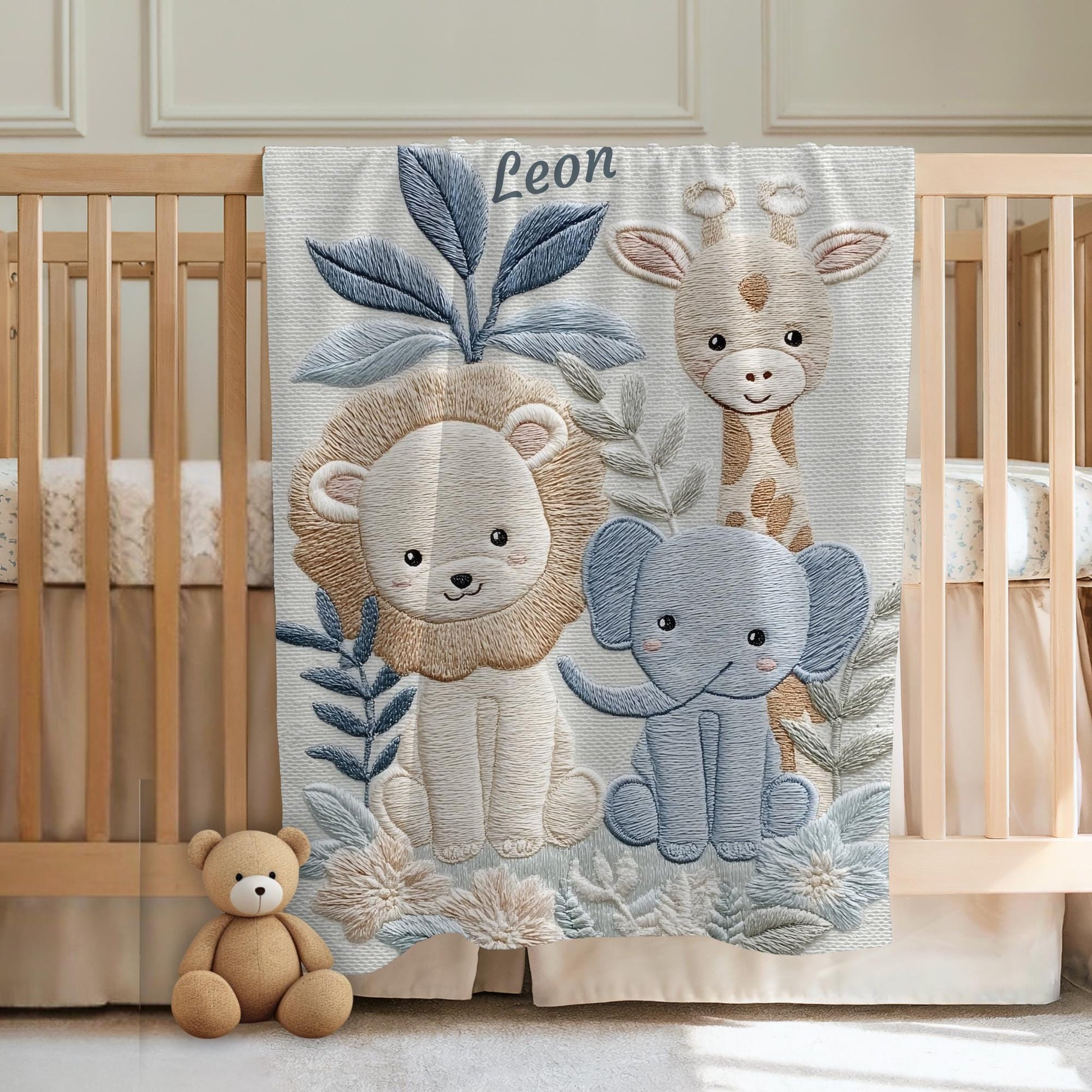 Personalized Safari baby blanket with name - embroidered look details in soft neutral colors. A cozy newborn blanket and timeless boutique baby gift.