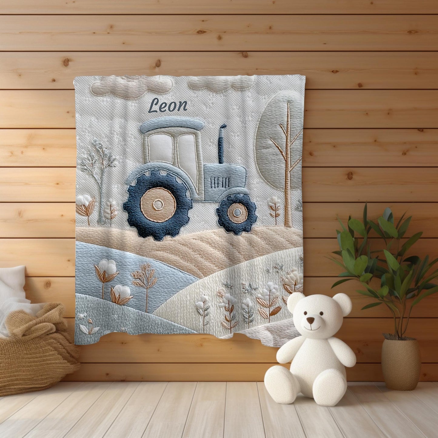 Personalized Traktor baby blanket with name - embroidered look details in soft neutral colors. A cozy newborn blanket and timeless boutique baby gift.
