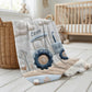 Personalized Traktor baby blanket with name - embroidered look details in soft neutral colors. A cozy newborn blanket and timeless boutique baby gift.