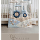 Personalized Traktor baby blanket with name - embroidered look details in soft neutral colors. A cozy newborn blanket and timeless boutique baby gift.