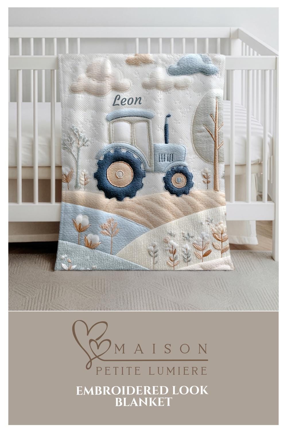 Personalized Traktor baby blanket with name - embroidered look details in soft neutral colors. A cozy newborn blanket and timeless boutique baby gift.