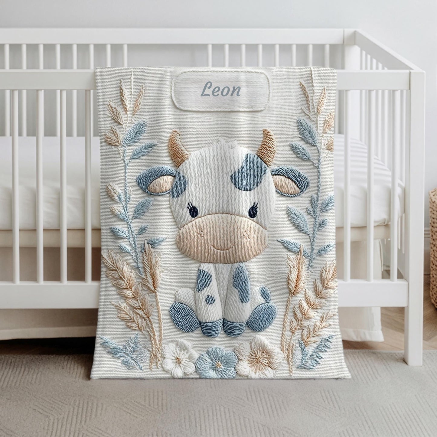Cow embroidered-look baby blanket with pastel florals. Neutral tones, cozy fabric — a boutique newborn gift for calm, modern nursery decor.