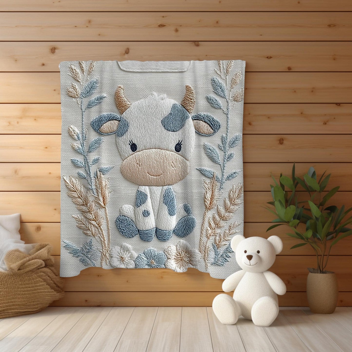 Cow embroidered-look baby blanket with pastel florals. Neutral tones, cozy fabric — a boutique newborn gift for calm, modern nursery decor.