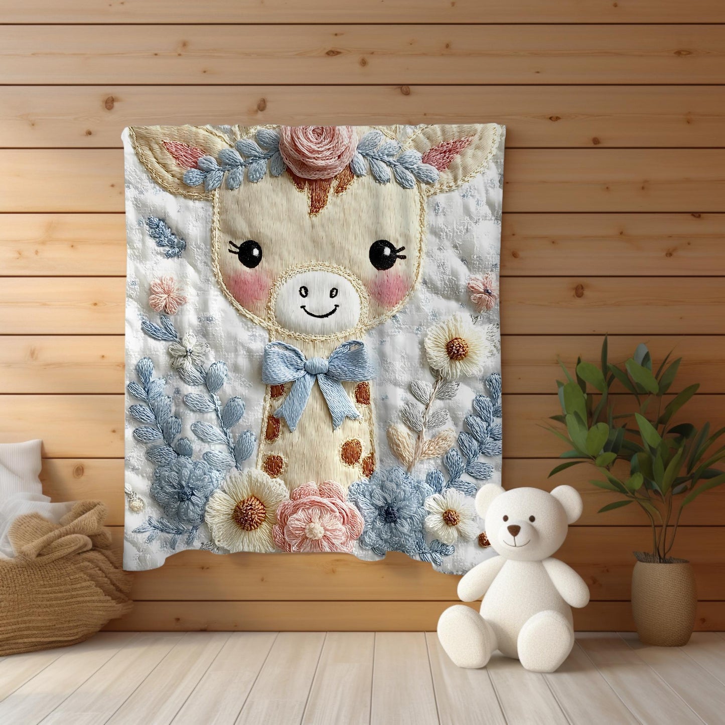 Embroidered-look giraffe blanket with floral crown and soft blue–peach details. Cozy fabric, gentle colors — a sweet newborn gift and neutral nursery decor.