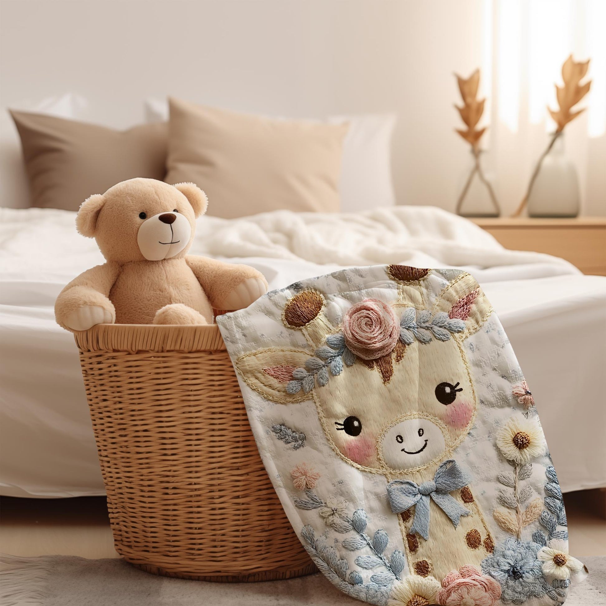 Embroidered-look giraffe blanket with floral crown and soft blue–peach details. Cozy fabric, gentle colors — a sweet newborn gift and neutral nursery decor.