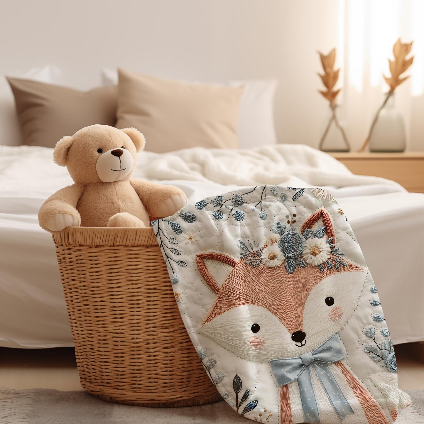 Embroidered-look fox baby blanket with soft floral crown and gentle blue–peach stitched details on a neutral background.